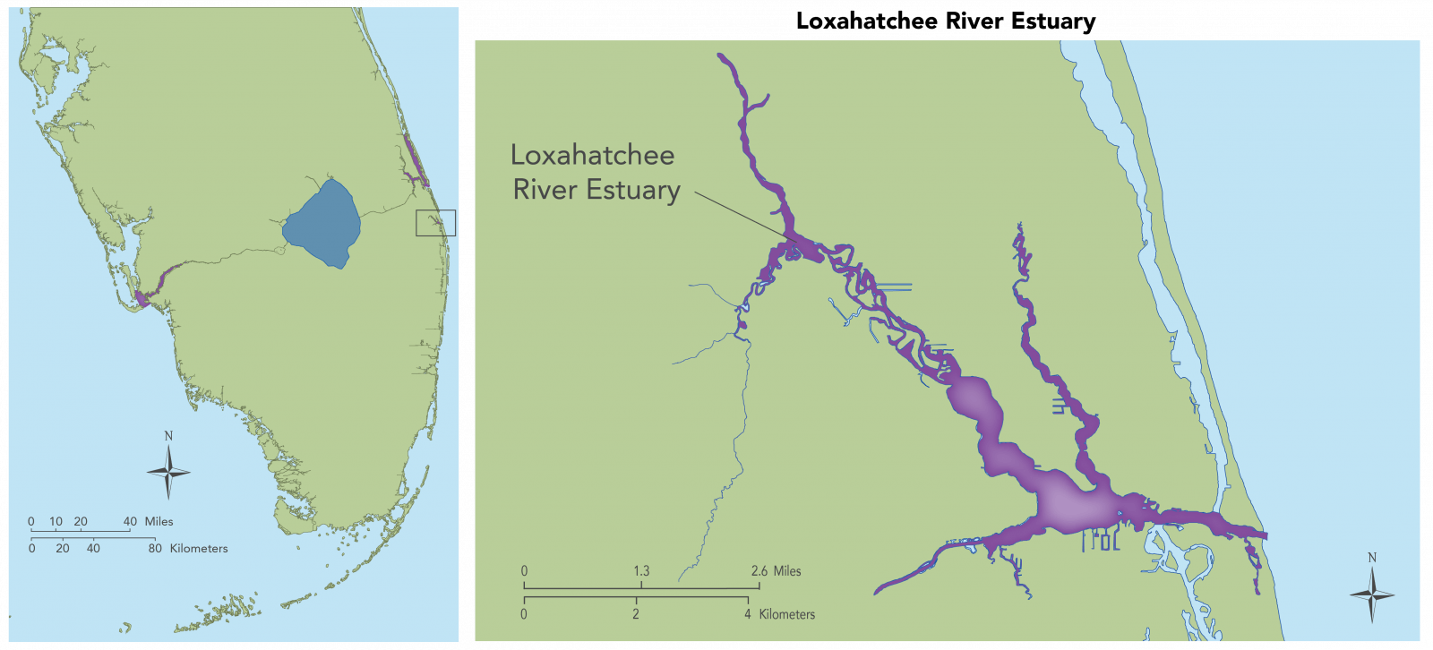 Map of the Loxahatchee River Estuary area. Shows an overview map and a magnified view. Map of the Loxahatchee River Estuary area. Shows an overview map and a magnified view.